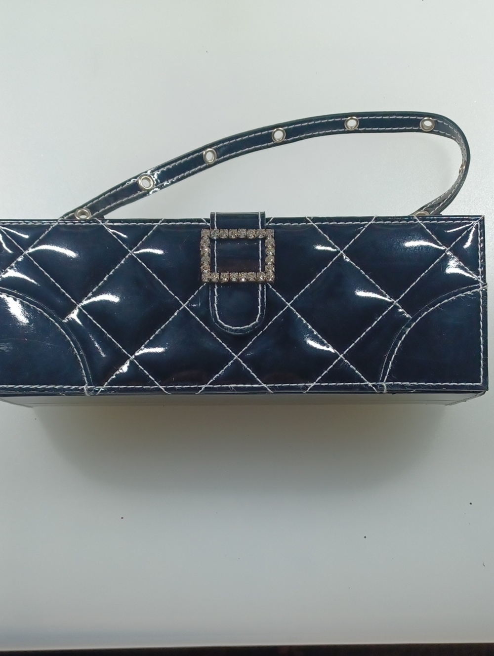 Quilted Black Patent Mini Purse/ Cosmetic Bag with Rhinestone Buckle